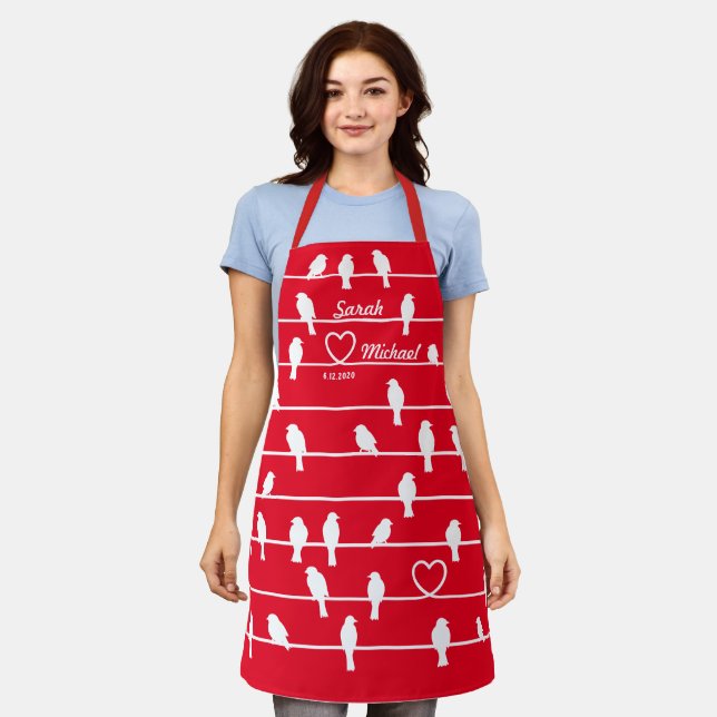 Personalised Love Birds Heart Red Stripe Apron (Worn)