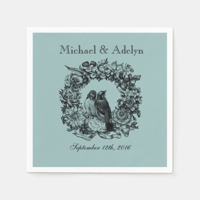 Personalised Love Birds Wreath Wedding Napkins (Front)