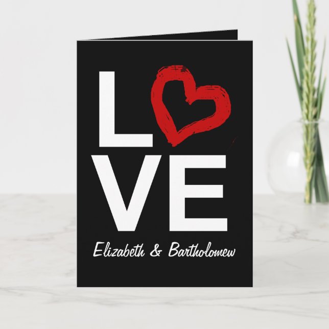 Personalised LOVE, Black/White/Red Heart Holiday Card (Front)
