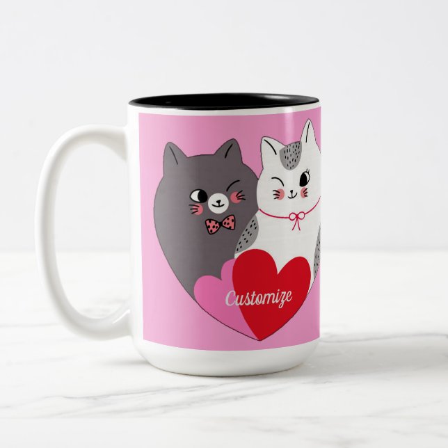 Personalised Love Cats Pink  Two-Tone Coffee Mug (Left)