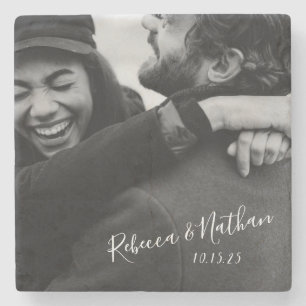 Personalised Love Couple Photo Wedding Date   Stone Coaster