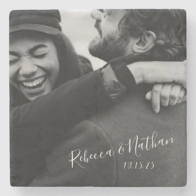 Personalised Love Couple Photo Wedding Date   Stone Coaster (Front)