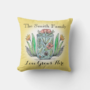 Personalised  Love Grows Here Yellow  Flower Cushion