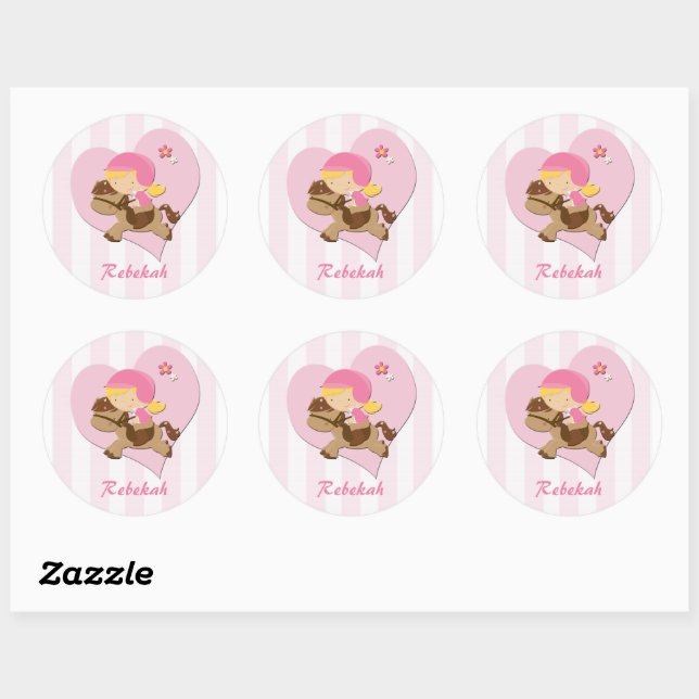 Personalised Love Horseriding Pink Stripes Classic Round Sticker (Sheet)