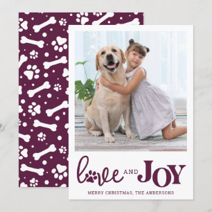 Personalised LOVE & JOY Modern Plum Dog Pet Photo  Holiday Card