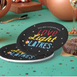 Personalised Love Light Latkes Hanukkah Funny Paper Plate<br><div class="desc">Love Light Latkes Black Hanukkah Funny Quote Paper plates will brighten up your family Hanukkah Party! This colourful, humourous saying really stands out on the black starry-night background. Sure to make friends & Family smile. Includes space for your name or message. If you would like to see a variation of...</div>