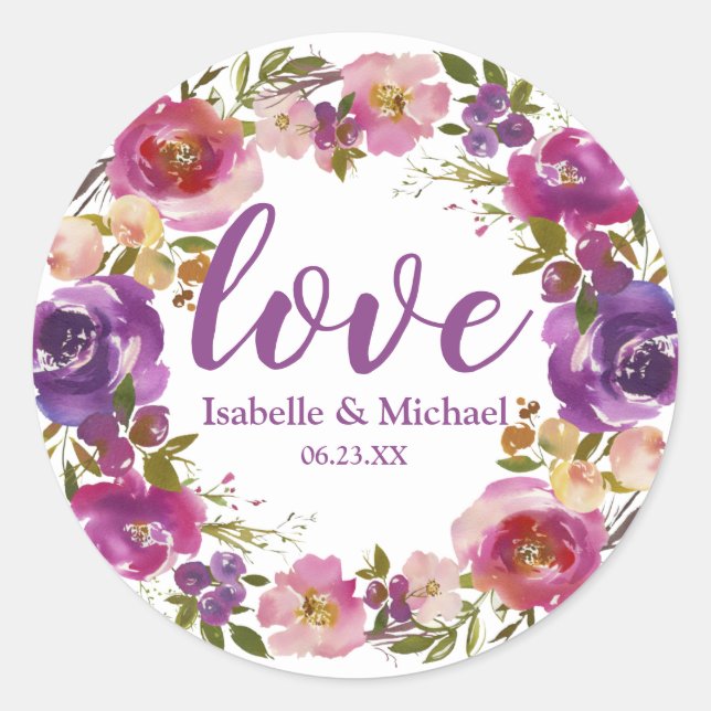 Personalised Love Wedding Purple Floral Wreath Classic Round Sticker (Front)