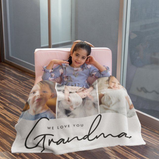 Personalised love you Grandma Grandkids photos Fleece Blanket (We love you grandma 3 photos of grandkids personalized fleece blanket.)