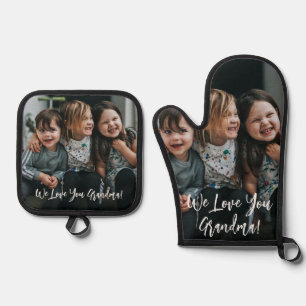 Personalised Love You Grandma Photo Handwritten  Oven Mitt & Pot Holder Set