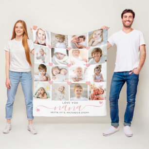Personalised Love You Nana 16 Photo Pink Hearts Fleece Blanket