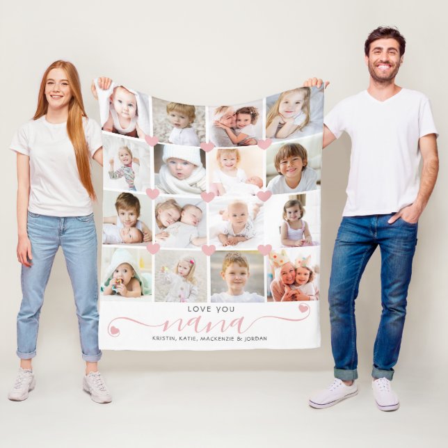 Personalised Love You Nana 16 Photo Pink Hearts Fleece Blanket (In Situ)
