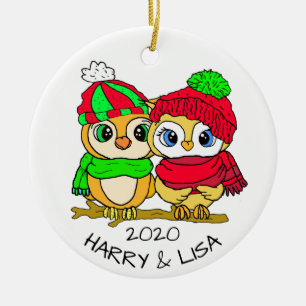 Personalised Lovebirds Owls Christmas Ceramic Tree Decoration