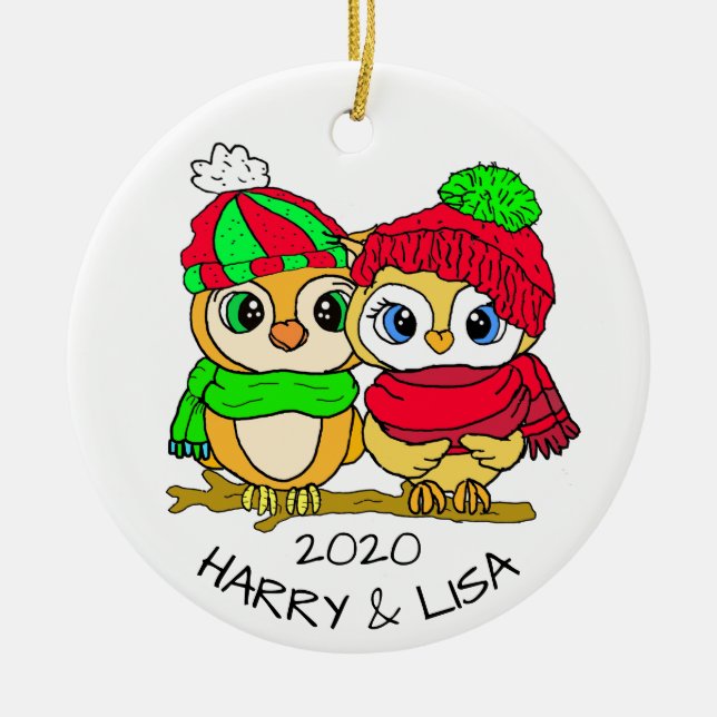 Personalised Lovebirds Owls Christmas Ceramic Tree Decoration (Front)