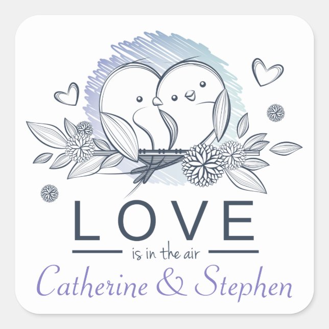 Personalised Lovebirds Purple Love Wedding Square Sticker (Front)