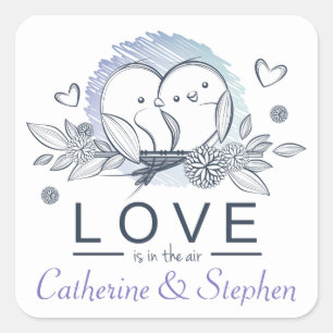 Personalised Lovebirds Purple Love Wedding Square Sticker