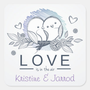 Personalised Lovebirds Purple Love Wedding Square Sticker