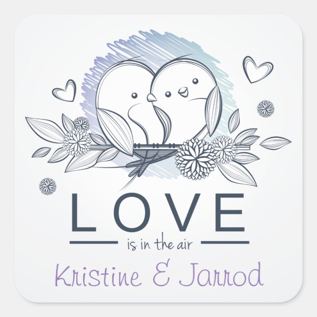 Personalised Lovebirds Purple Love Wedding Square Sticker (Front)