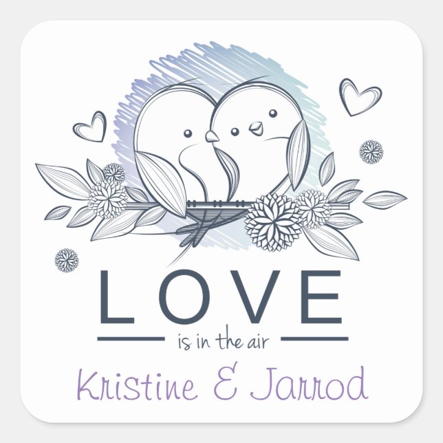 Personalised Lovebirds Purple Love Wedding Square Sticker (Front)