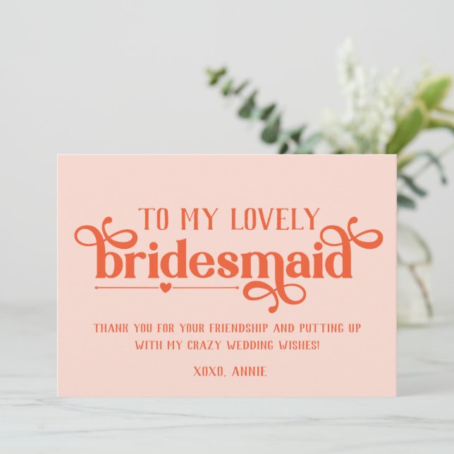 Personalised Lovely Bridesmaid Wedding Day Card (Standing Front)