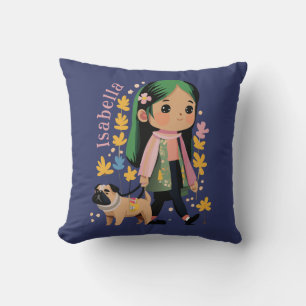 Personalised Lovely Girl Walking With Pug Cushion