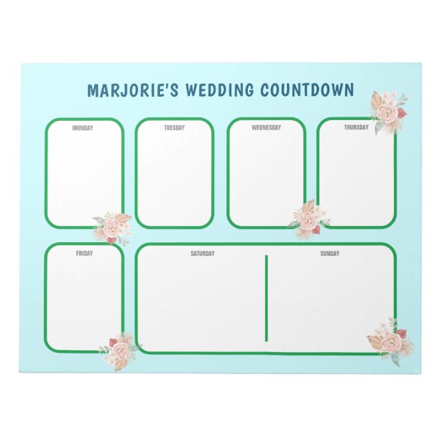 Personalised Lt. Blue/Green Floral Wedding Notepad (Front)