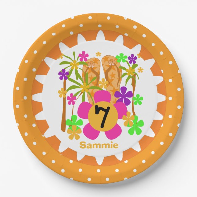 Personalised Luau 7th Birthday Paper Plates (Front)