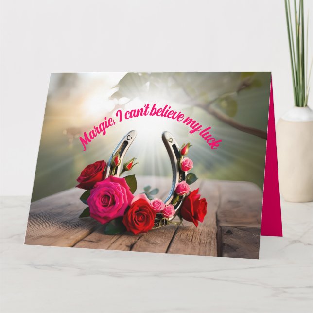 Personalised Lucky Horseshoe and Roses Love Card (Front)