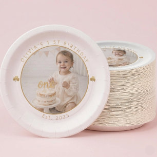 Personalised Lucky One First Birthday Girl Photo Paper Plate