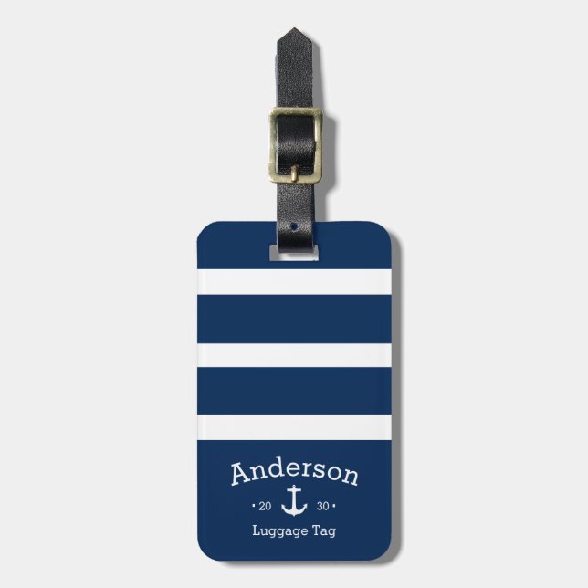 Personalised Luggage Tag - Blue & White Nautical (Front Vertical)