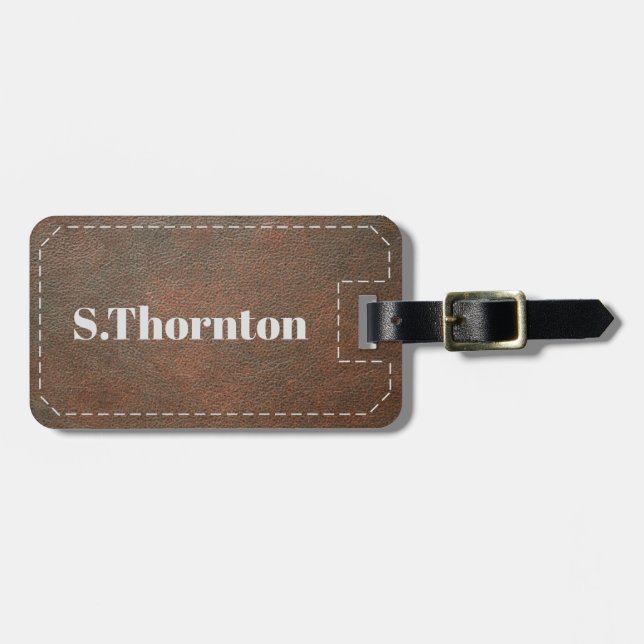 Personalised Luggage Tag - Faux Brown Leather (Front Horizontal)