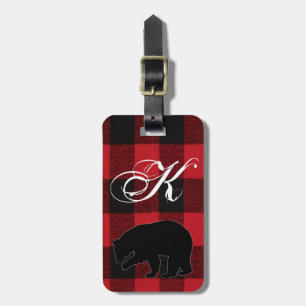 Personalised Luggage Tag Red Buffalo Plaid Bear
