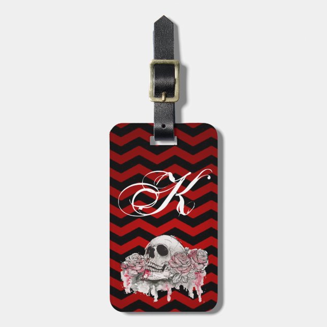 Personalised Luggage Tag skull Rose Gothic Chevron (Front Vertical)