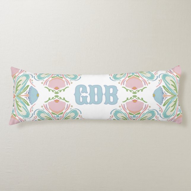 Personalised Lumbar Pillow Blue Pink Green Floral (Front)