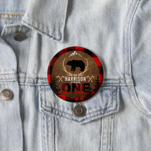 Personalised Lumberjack First Birthday Wood Plaid  7.5 Cm Round Badge