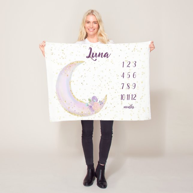 Personalised Luna Moon And Stars Monthly Milestone Fleece Blanket (In Situ)