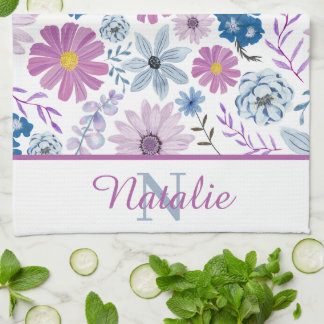 Personalised luxurious bright blue pink flower tea towel