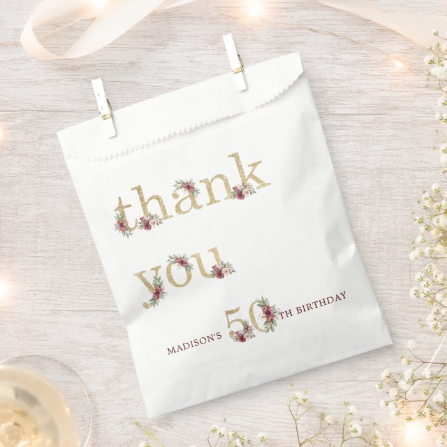Personalised Luxury 50th Birthday Gold Floral Favour Bags (Clipped)