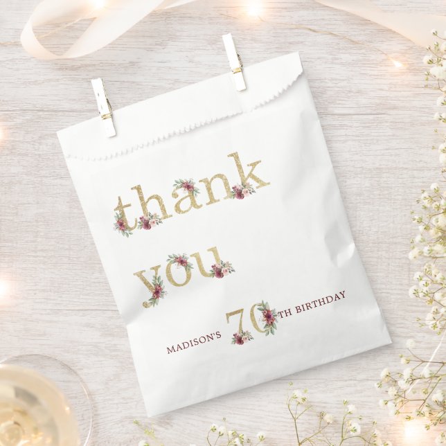 Personalised Luxury 70th Birthday Gold Floral Favour Bags (Clipped)