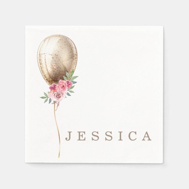 Personalised Luxury Beige Balloon Glitter Party Napkin (Front)
