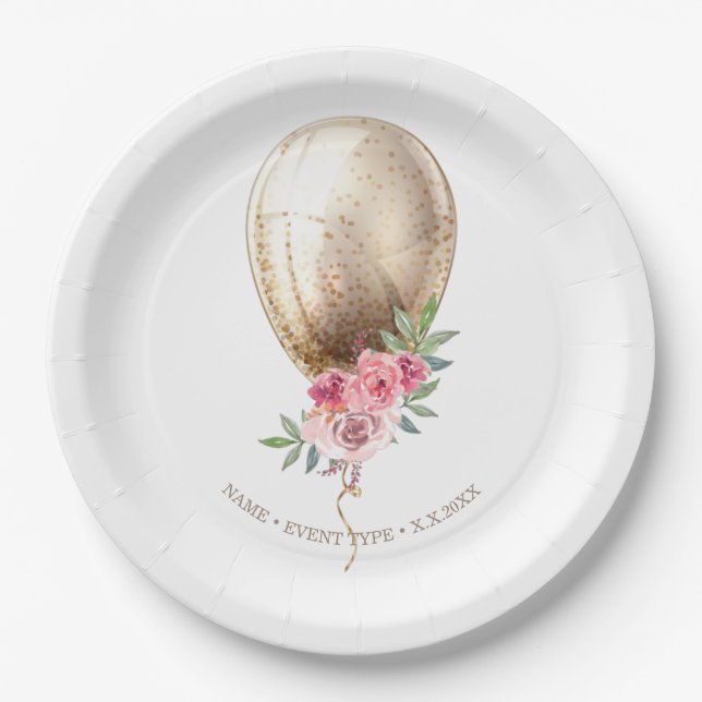 Personalised Luxury Beige Balloon Glitter Party Paper Plate (Front)