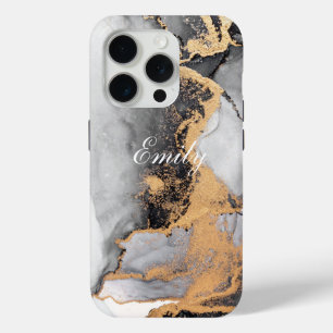 Personalised Luxury Black & Gold Watercolor iPhone 15 Pro Case