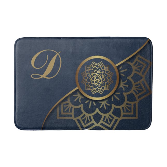 Personalised Luxury Gold Mandala Art Blue Bath Mat (Front)
