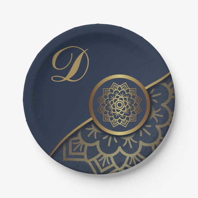 Personalised Luxury Gold Mandala Art Blue Paper Plate (Front)