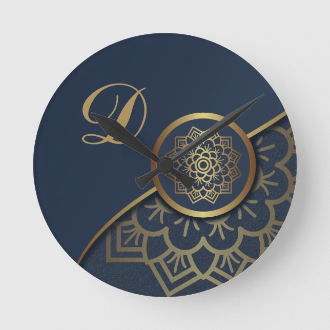 Personalised Luxury Gold Mandala Art Blue Round Clock (Front)