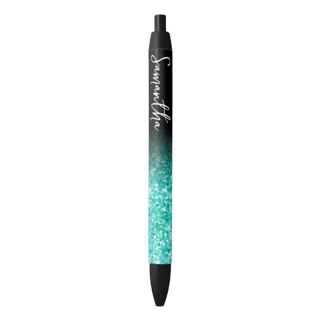 Personalised Luxury Turquoise Glitter Ombre Black Ink Pen (Front Vertical)