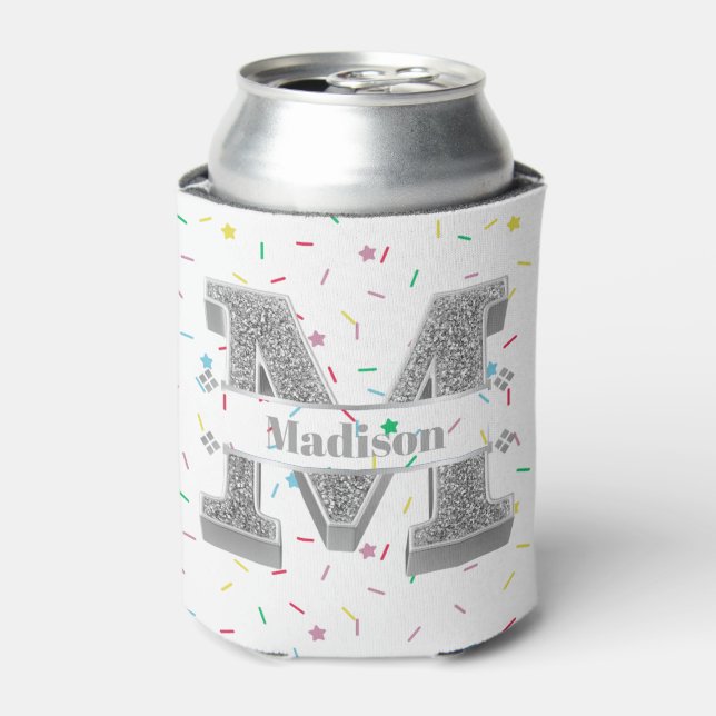Personalised M Initial Silver Monogram Your Name Can Cooler (Can Front)