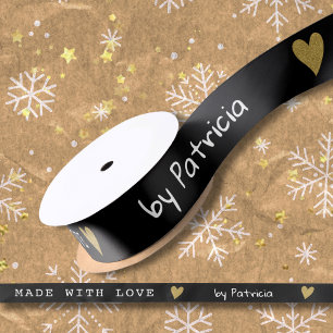 Personalised Made With Love Black And Gold Heart Satin Ribbon