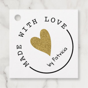 Personalised Made With Love Heart Gold Glitter Favour Tags