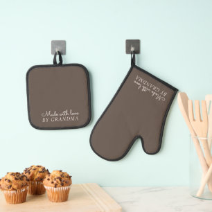 personalised made with love modern simple  oven mitt & pot holder set