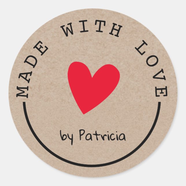 Personalised Made With Love Red Heart Kraft Classic Round Sticker (Front)